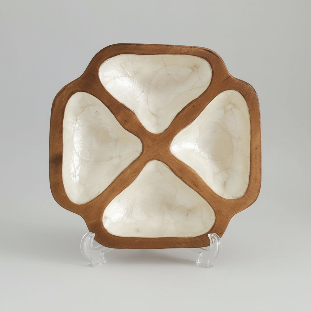 Mid Century Monkey Pod Capiz Shell Dish, Vintage Wood Catchall