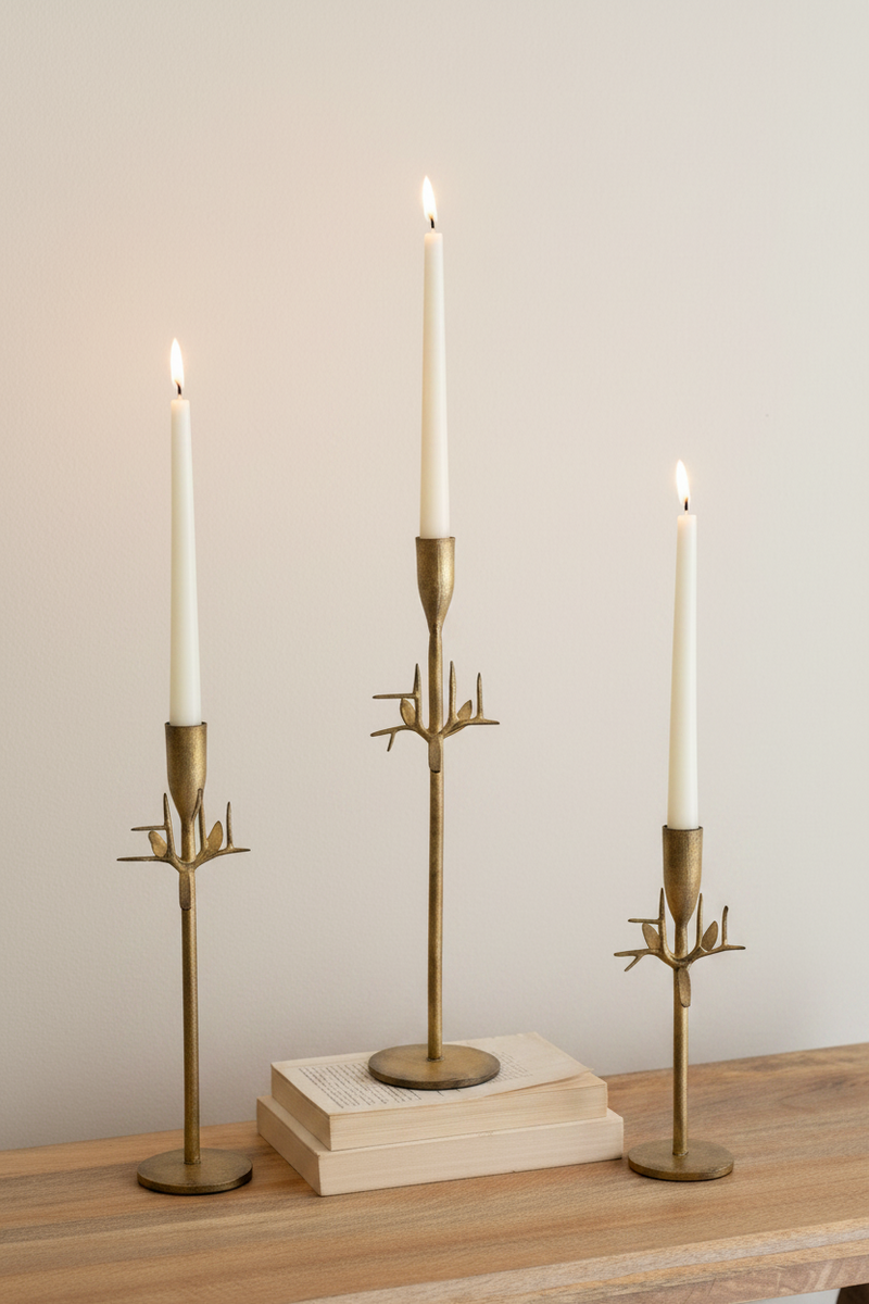 Forged Iron Deer Antique Gold Candle Holder Set