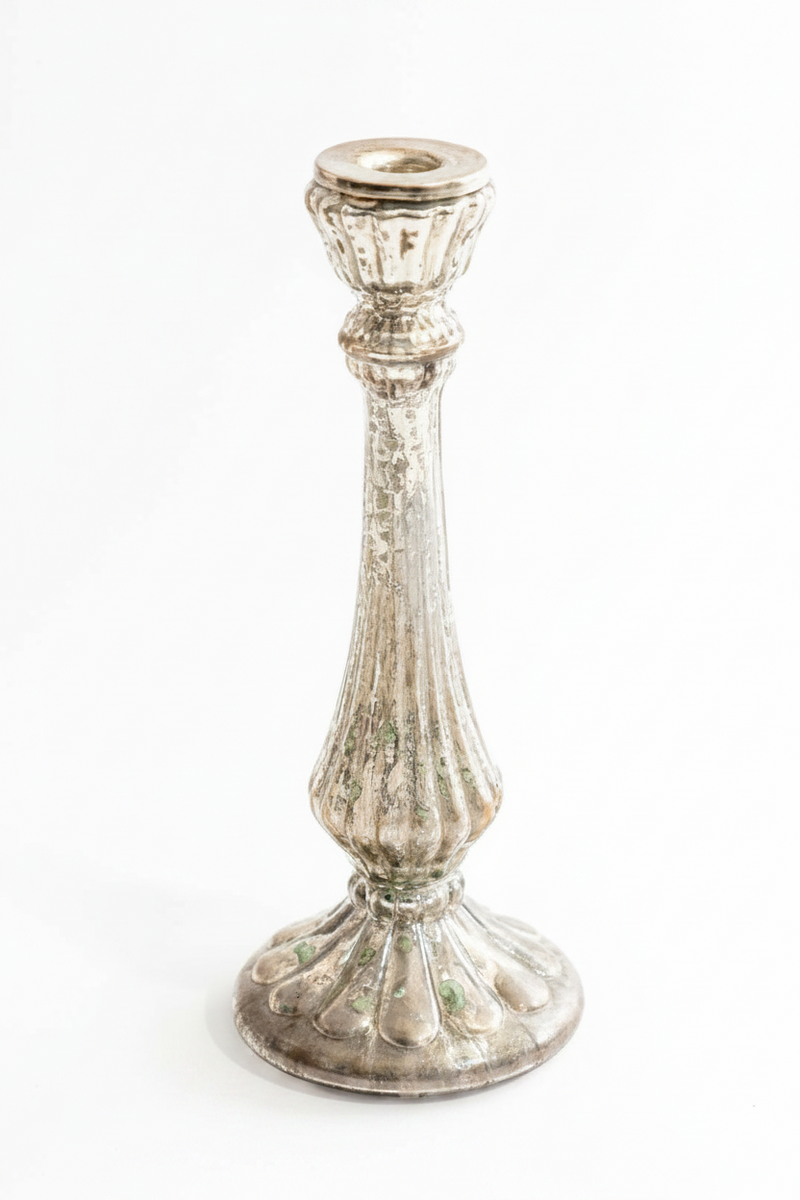 Rustic Antique Silver Glass Taper Candle Holder