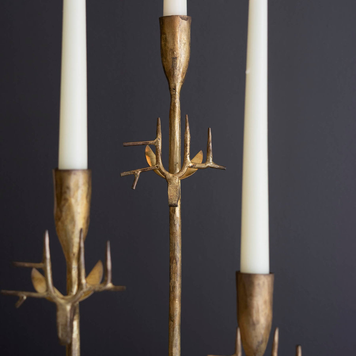 Forged Iron Deer Antique Gold Candle Holder Set