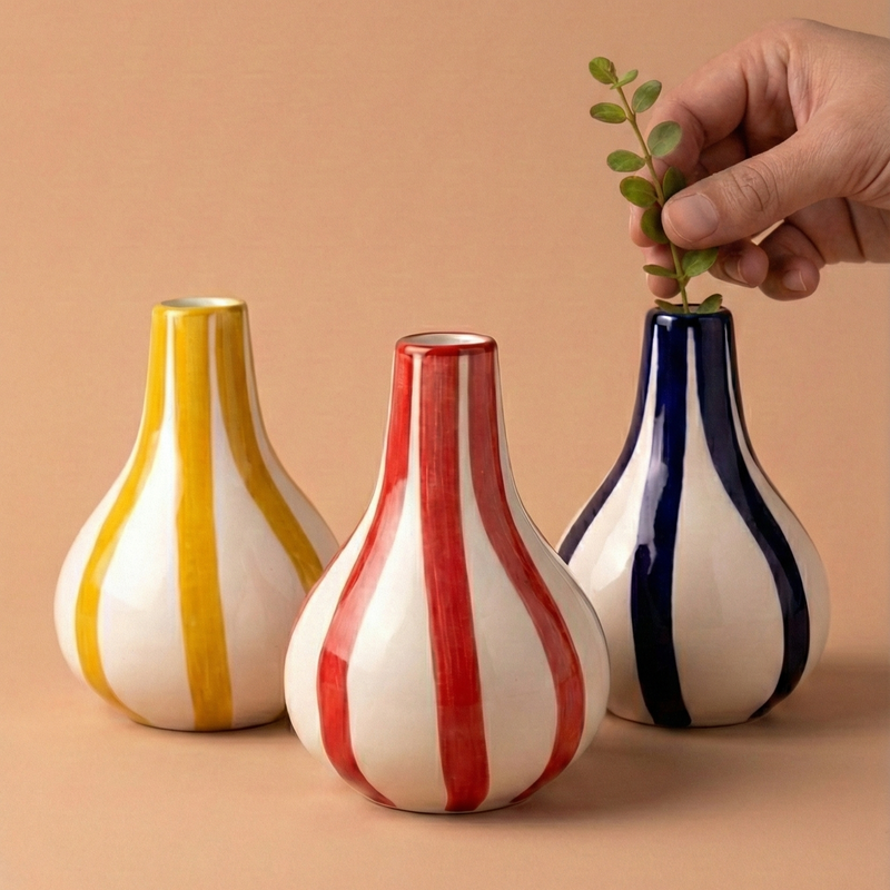 Handpainted Ceramic Red Stripe Bud Vase