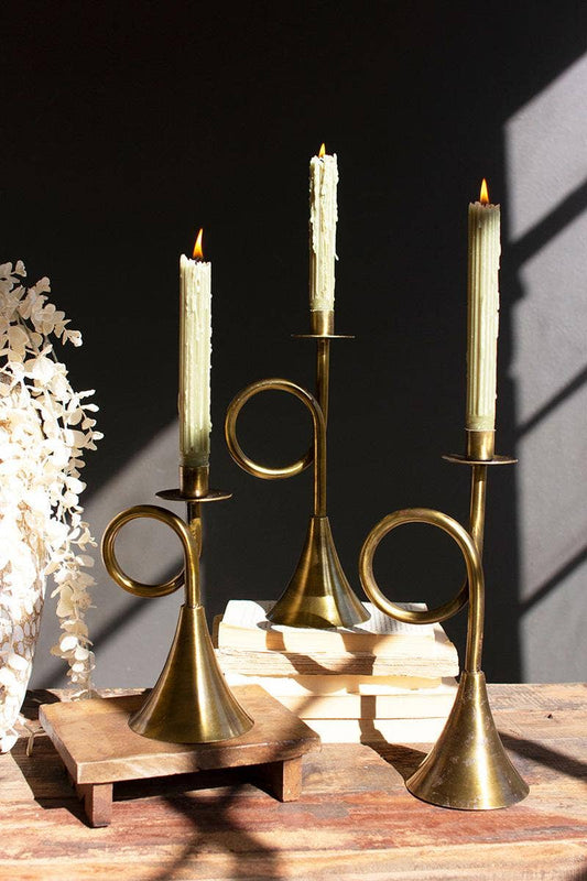 Antique Brass Trumpet Large Taper Candle Holder