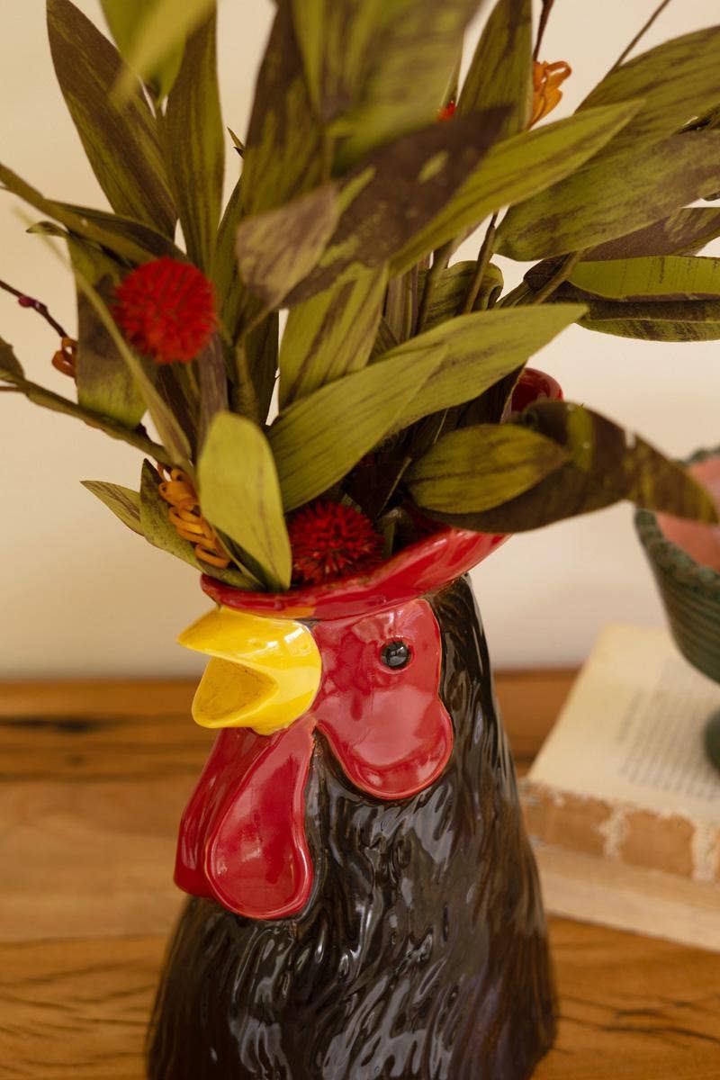 Ceramic Rooster Head Vase Sculpture