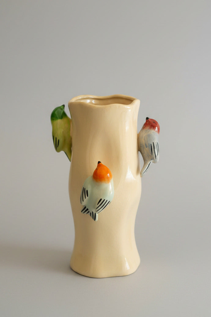 Ceramic Log Vase with Colorful Birds