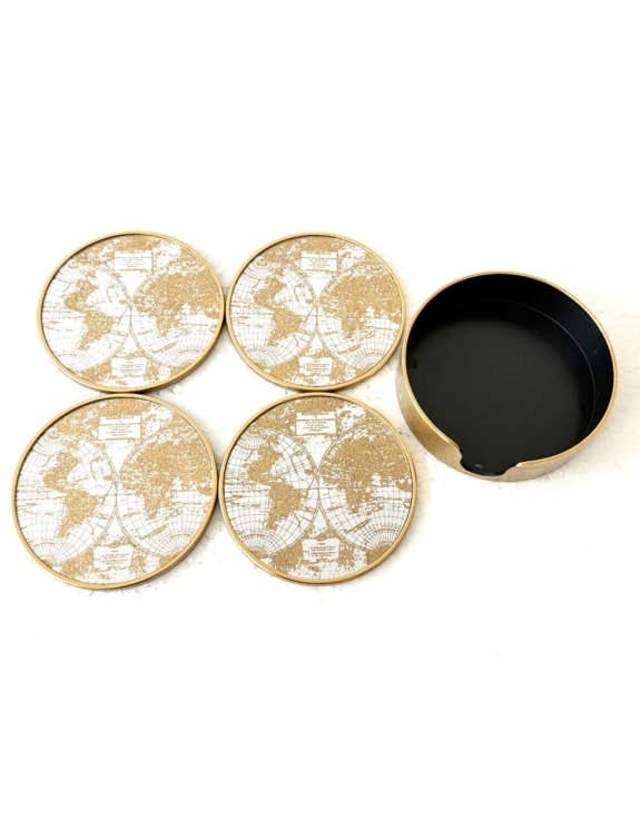 Mirrored World Map Round Coasters Set