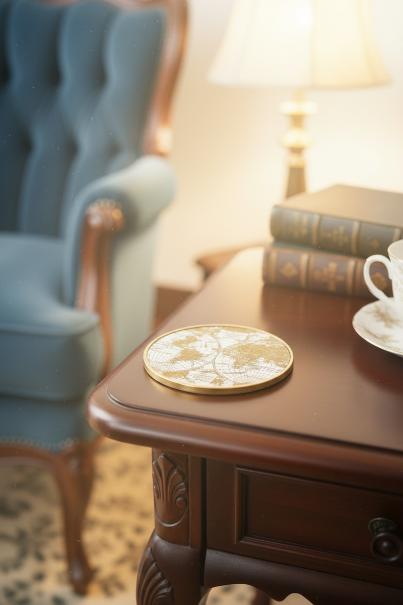 Mirrored World Map Round Coasters Set