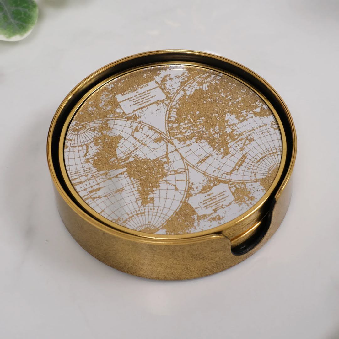 Mirrored World Map Round Coasters Set