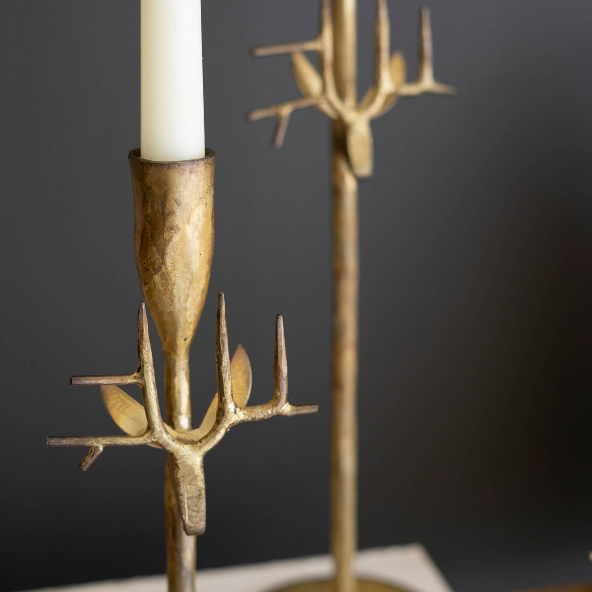 Forged Iron Deer Antique Gold Candle Holder Set