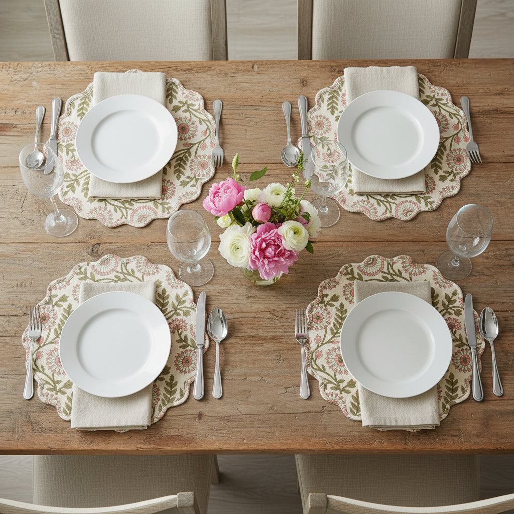 Floral patterned placemat with pink and green flowers on a white background