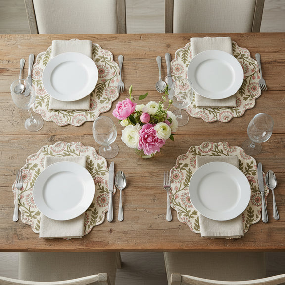 Floral patterned placemat with pink and green flowers on a white background