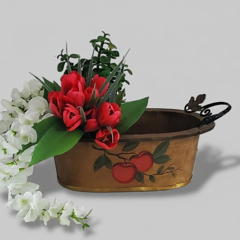 Rustic Hand Painted Bent Wood Basket, Vintage Oval Planter with Handles