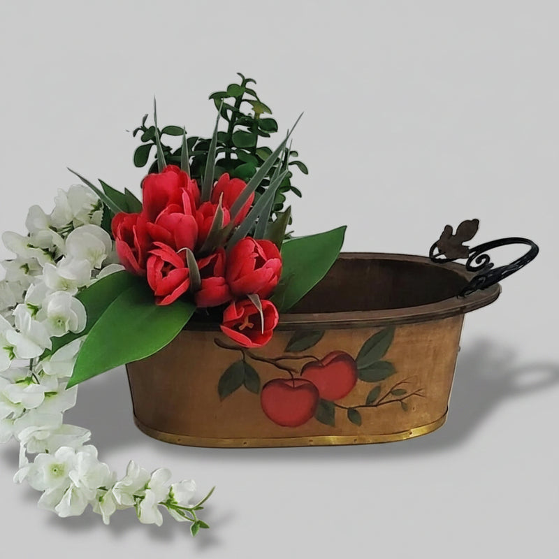 Rustic Hand Painted Bent Wood Basket, Vintage Oval Planter with Handles