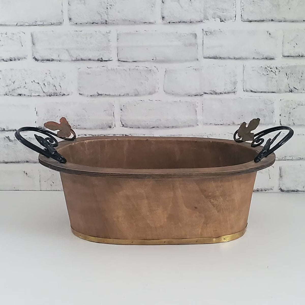 Rustic Hand Painted Bent Wood Basket, Vintage Oval Planter with Handles