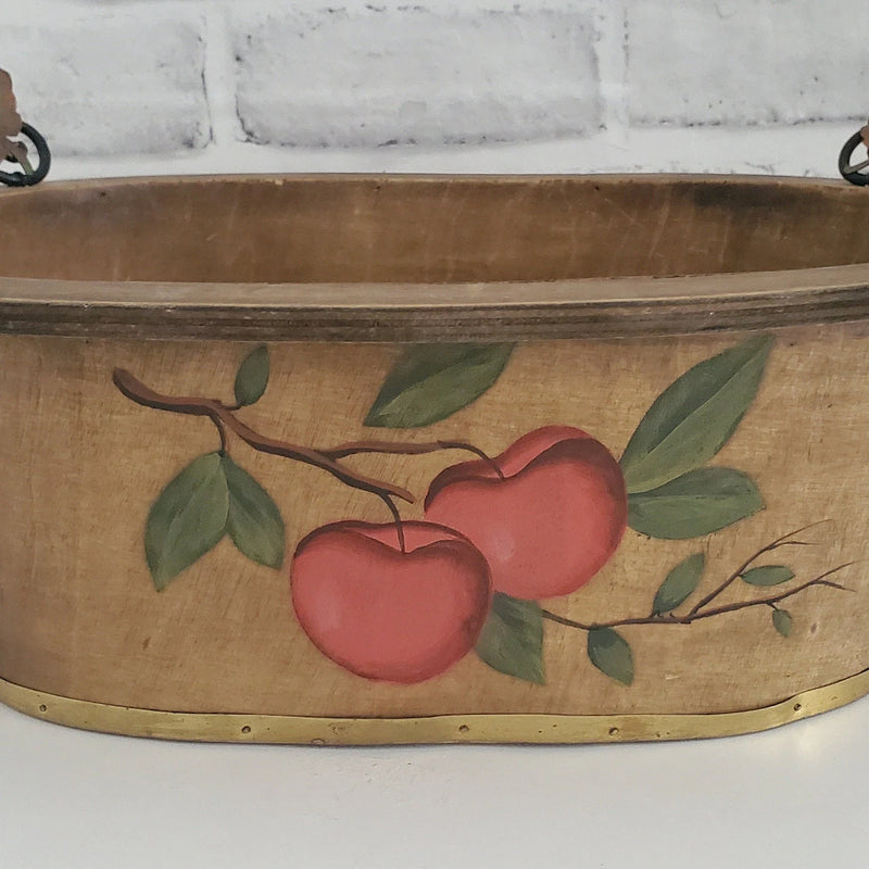 Rustic Hand Painted Bent Wood Basket, Vintage Oval Planter with Handles