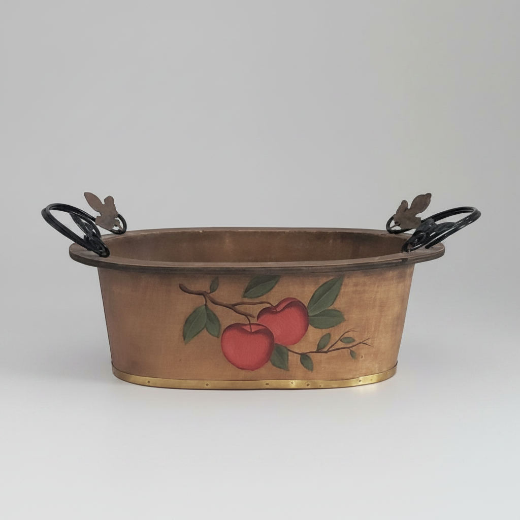 Rustic Hand Painted Bent Wood Basket, Vintage Oval Planter with Handles