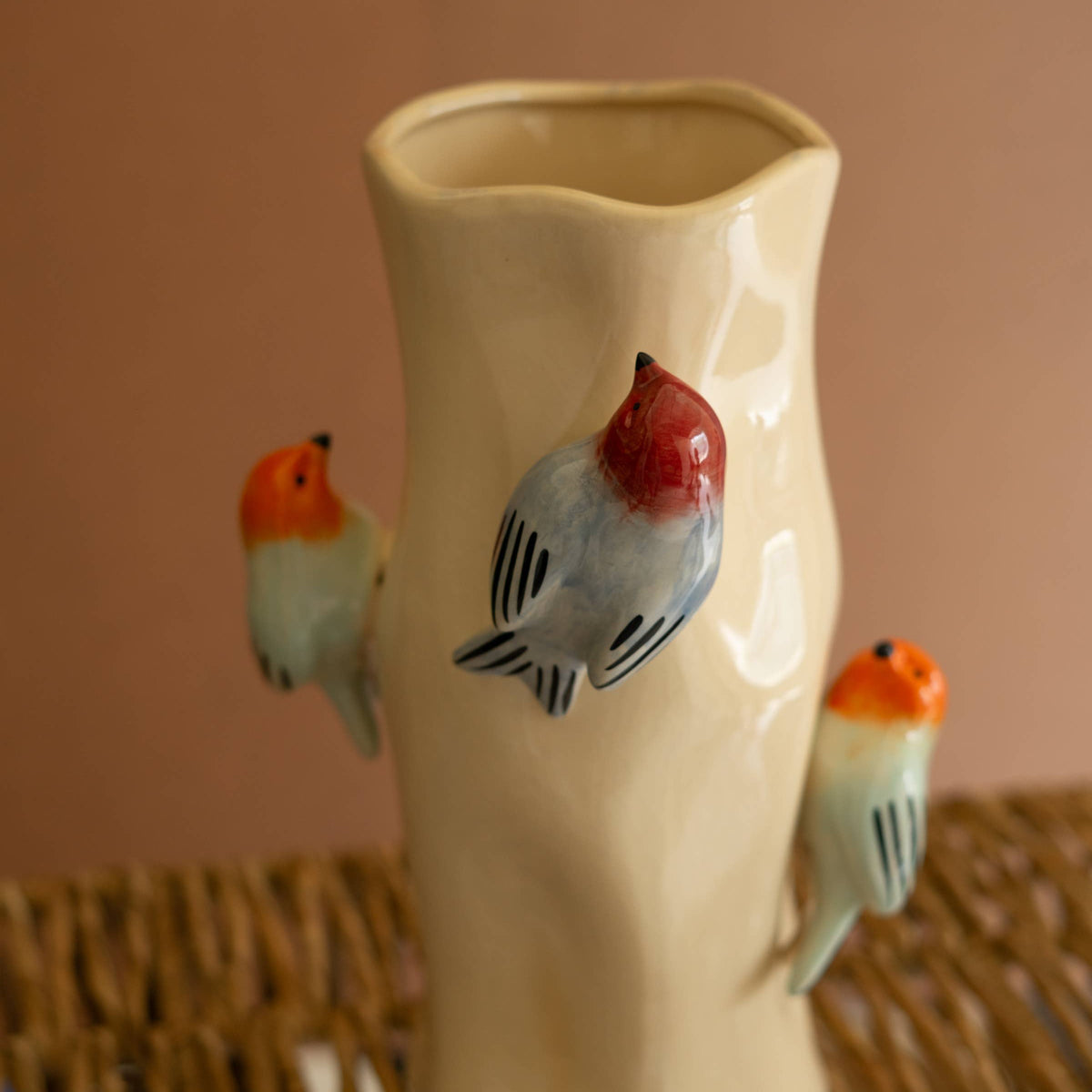 Ceramic Log Vase with Colorful Birds