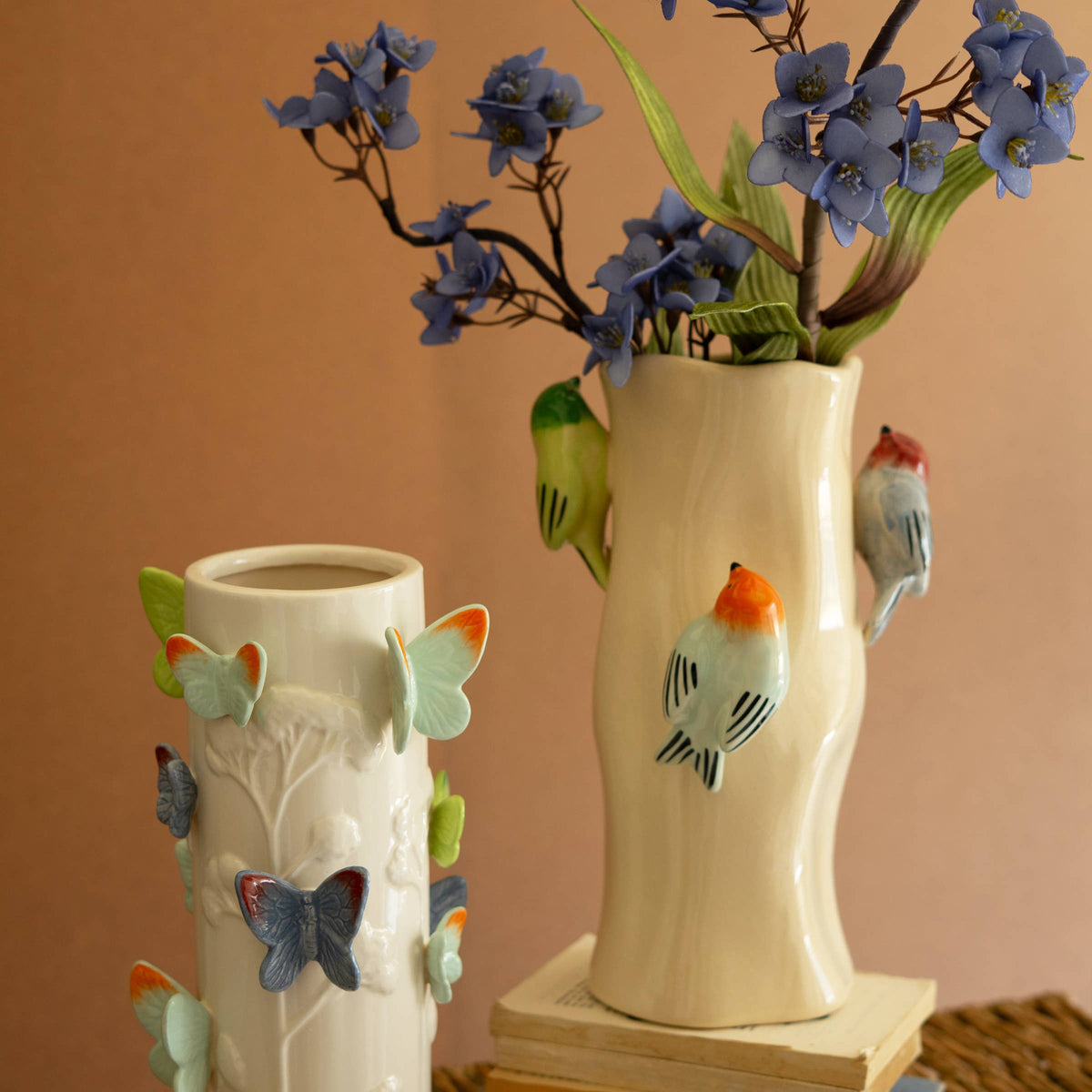 Ceramic Log Vase with Colorful Birds