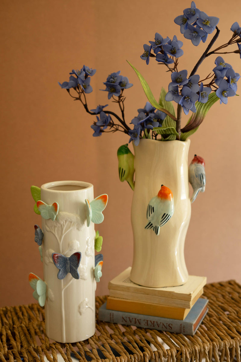 Ceramic Log Vase with Colorful Birds