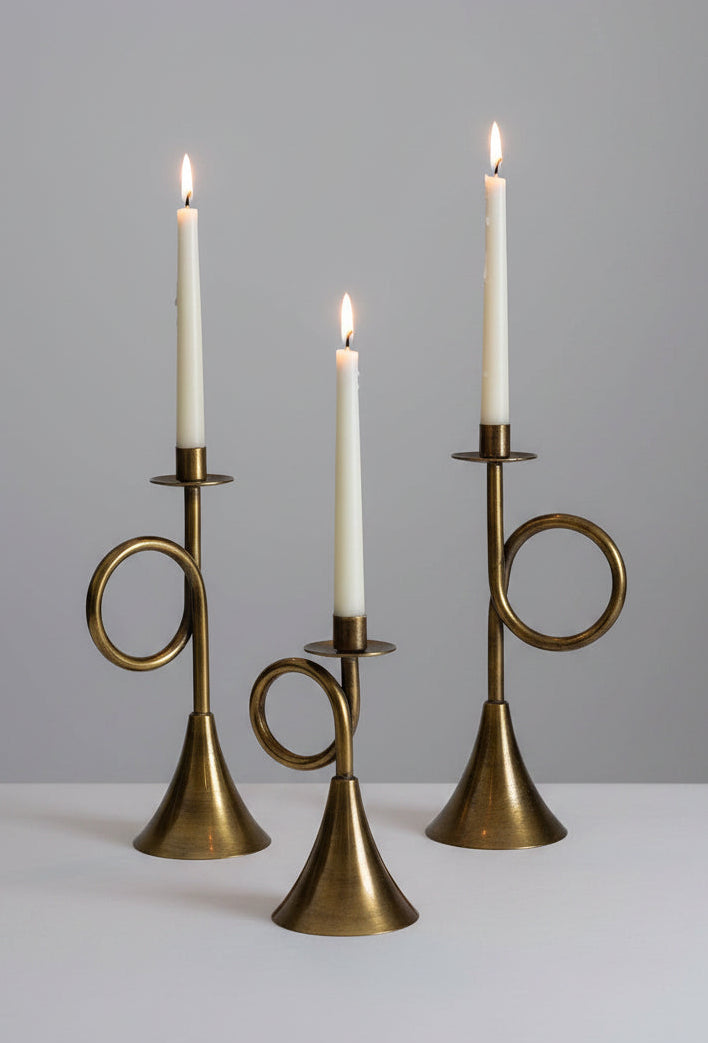 Antique Brass Trumpet Large Taper Candle Holder