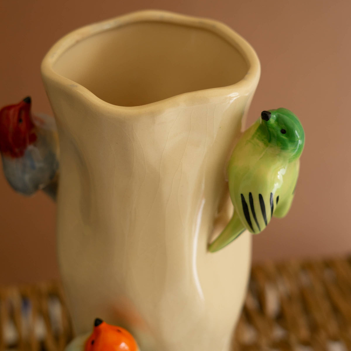 Ceramic Log Vase with Colorful Birds