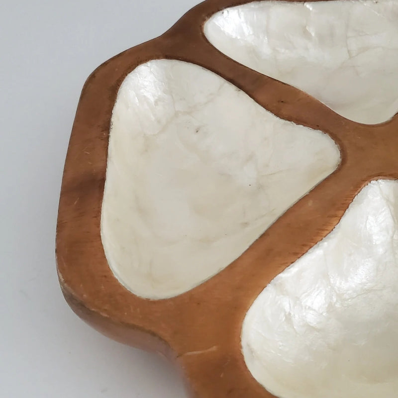 Mid Century Monkey Pod Capiz Shell Dish, Vintage Wood Catchall
