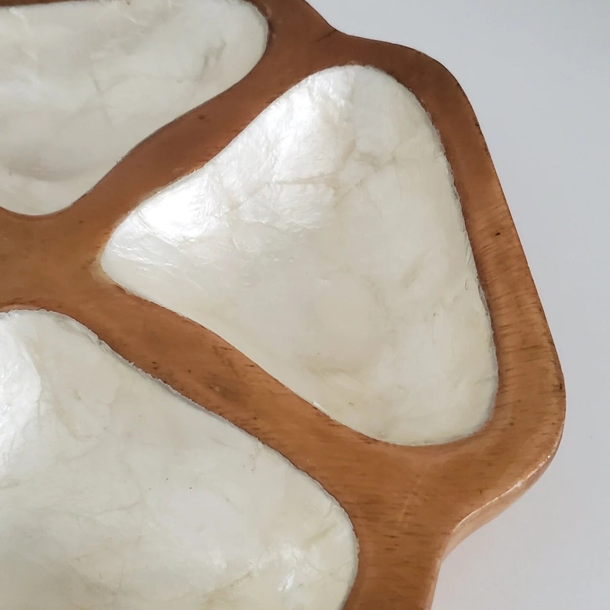 Mid Century Monkey Pod Capiz Shell Dish, Vintage Wood Catchall
