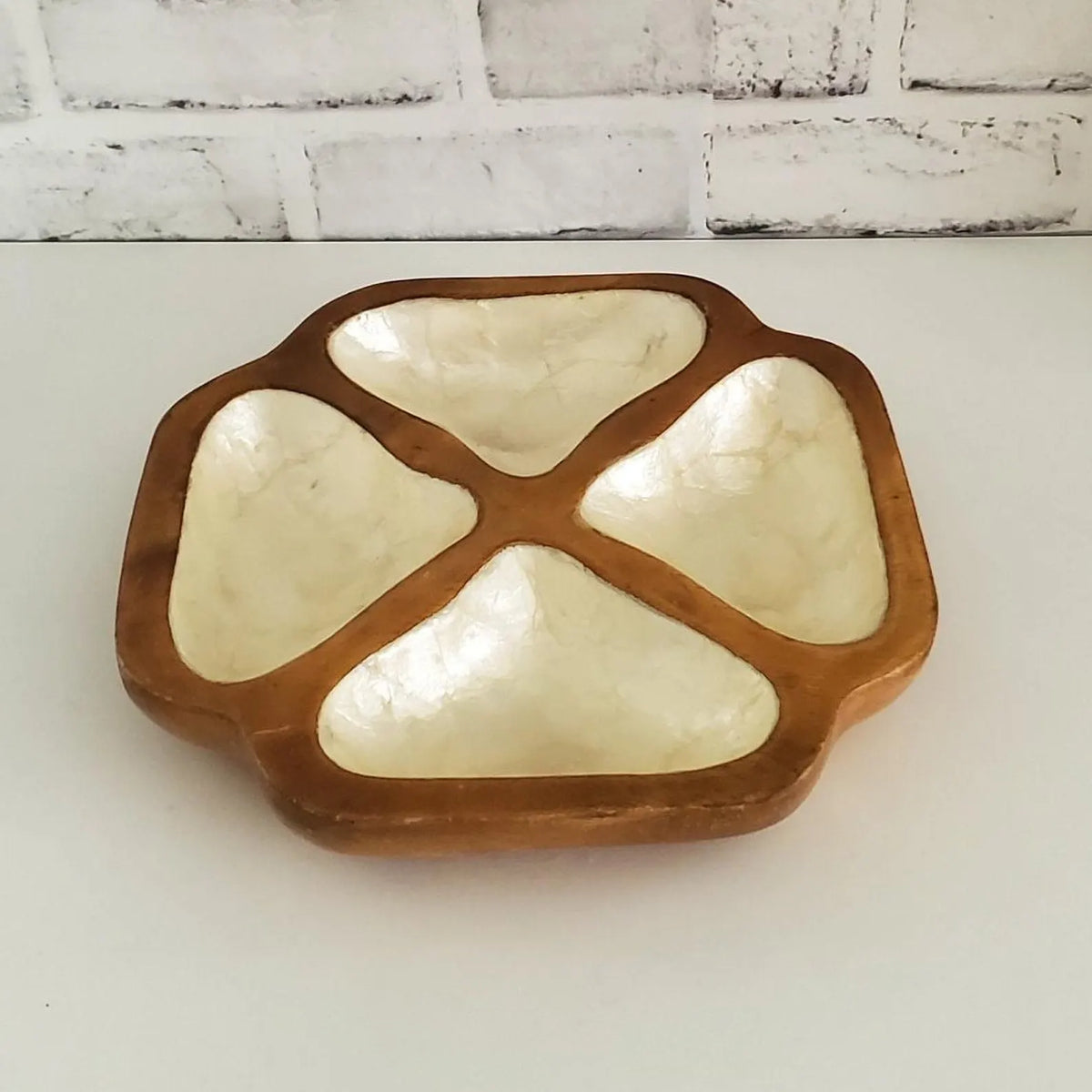 Mid Century Monkey Pod Capiz Shell Dish, Vintage Wood Catchall