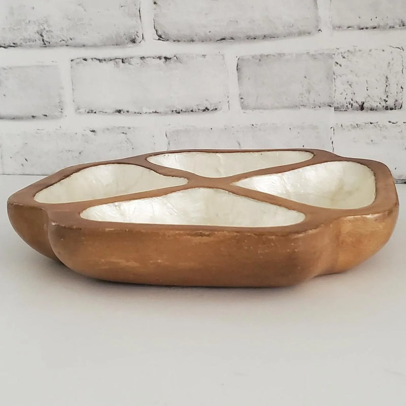 Mid Century Monkey Pod Capiz Shell Dish, Vintage Wood Catchall